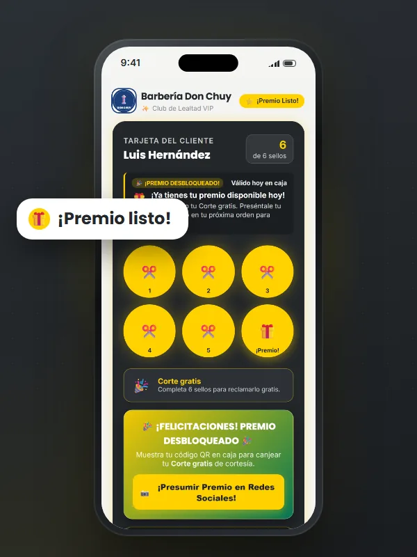 Tarjeta con el premio listo para canjear · barberías y salones de belleza