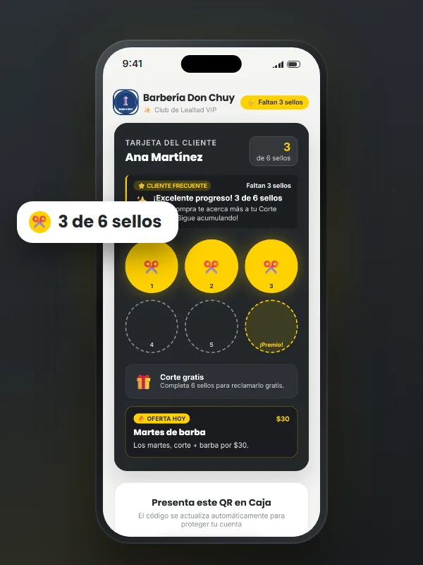 Tarjeta de sellos digital en el celular del cliente · barberías y salones de belleza