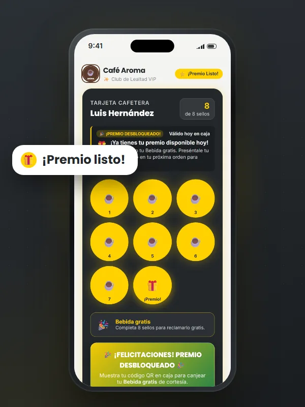 Tarjeta con el premio listo para canjear · cafeterías