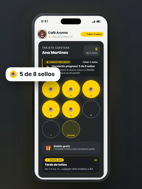 Tarjeta de sellos digital en el celular del cliente · cafeterías