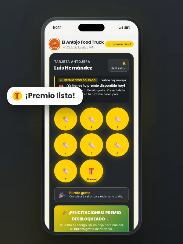 Tarjeta con el premio listo para canjear · food trucks