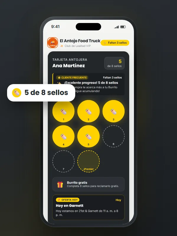 Tarjeta de sellos digital en el celular del cliente · food trucks