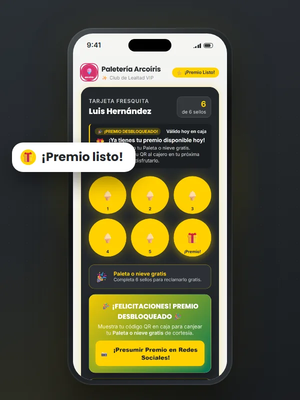 Tarjeta con el premio listo para canjear · paleterías y neverías