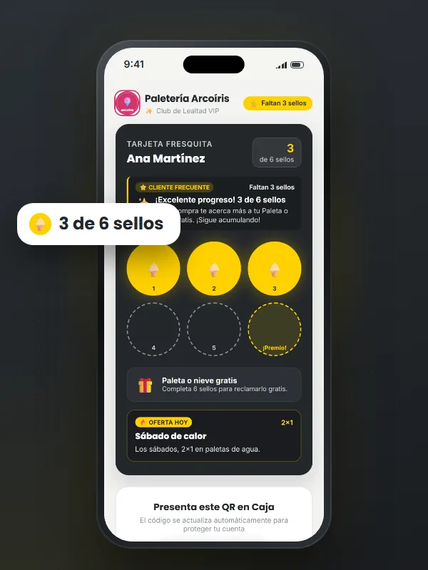 Tarjeta de sellos digital en el celular del cliente · paleterías y neverías