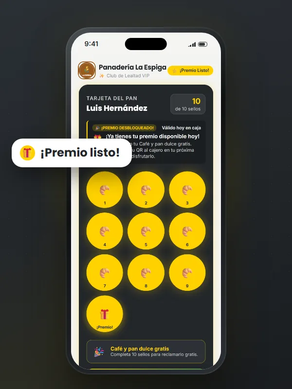 Tarjeta con el premio listo para canjear · panaderías