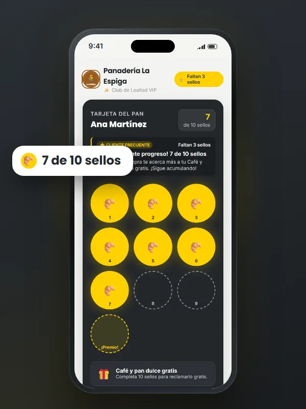Tarjeta de sellos digital en el celular del cliente · panaderías