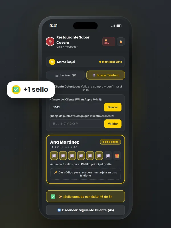 Caja de rekompra confirmando un sello · restaurantes