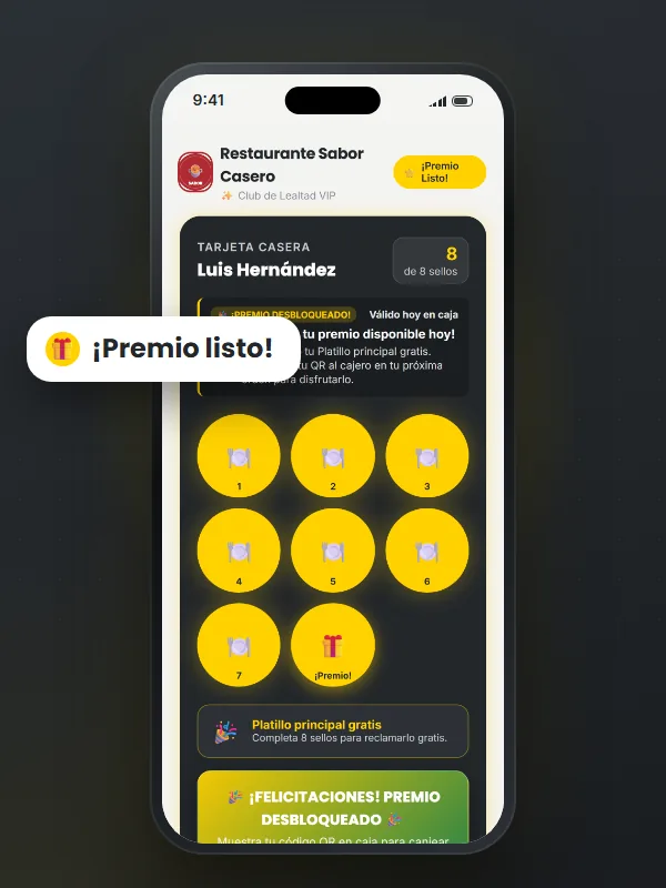Tarjeta con el premio listo para canjear · restaurantes