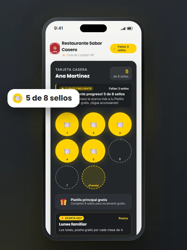 Tarjeta de sellos digital en el celular del cliente · restaurantes