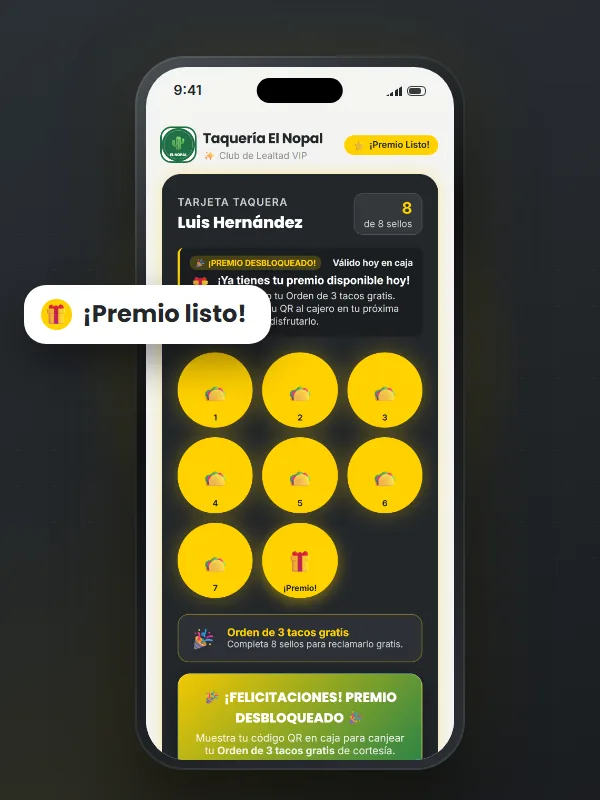 Tarjeta con el premio listo para canjear · taquerías