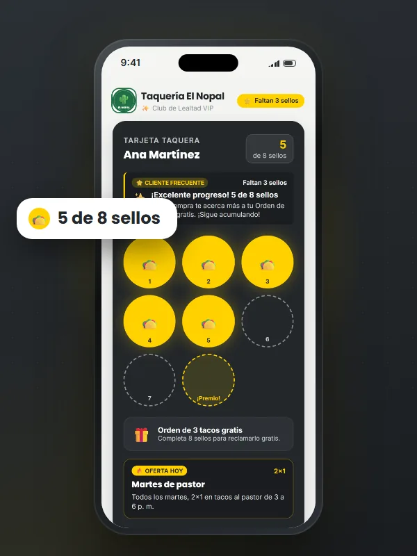 Tarjeta de sellos digital en el celular del cliente · taquerías