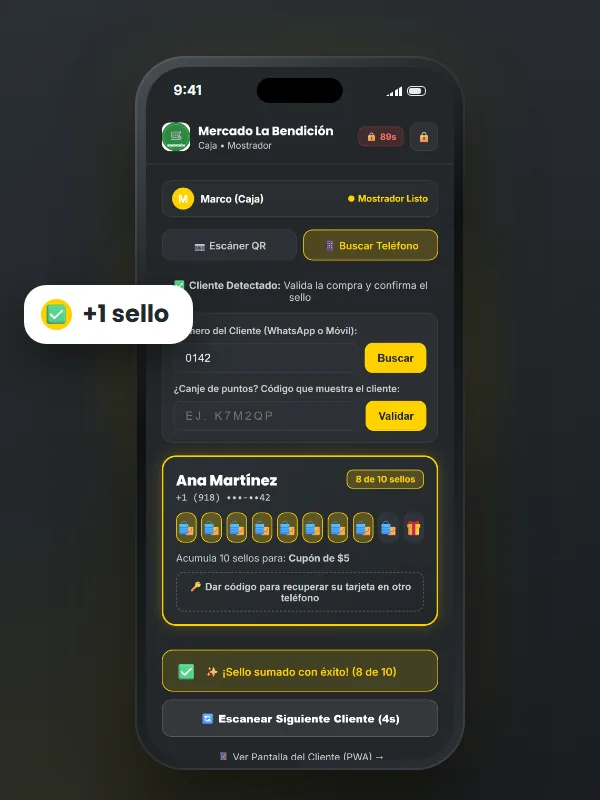 Caja de rekompra confirmando un sello · tiendas y mercados