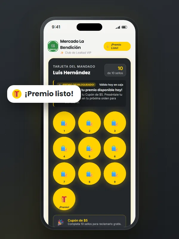 Tarjeta con el premio listo para canjear · tiendas y mercados